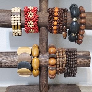 11 PC Vintage Wood Boho Floral Beaded Stretch Bracelets